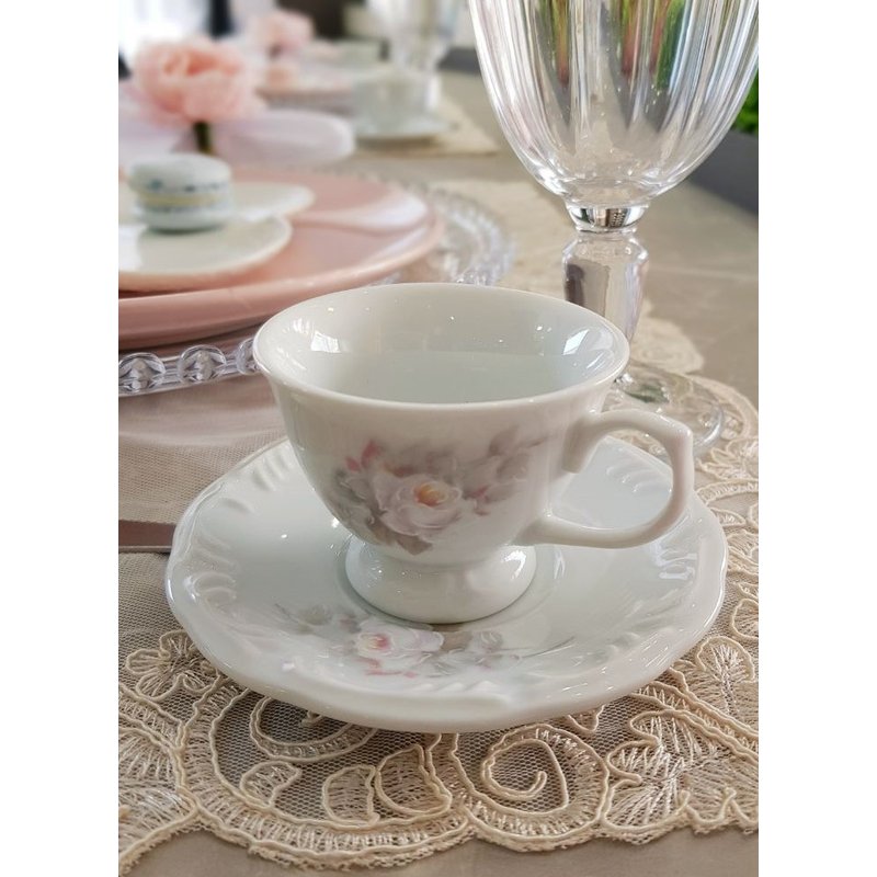 Aparelho de jantar, chá e café de porcelana Schmidt, borda vinho